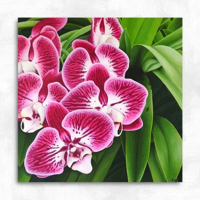 Petit tableau fleurs dorchidee roses elegance tropicale peinture acrylique 30x30 cm aline belliard 700x700