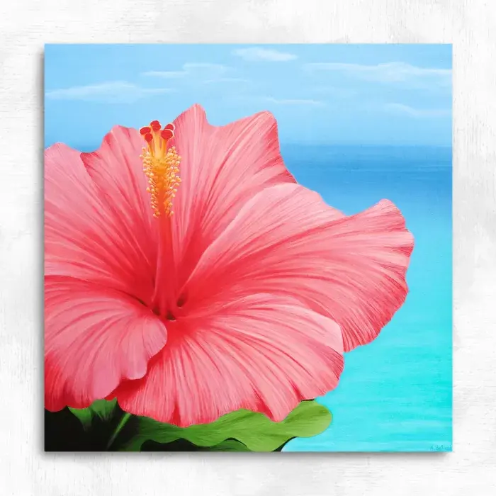 Tableau fleur exotique hibiscus peinture acrylique 40x40 cm aline belliard 700x700