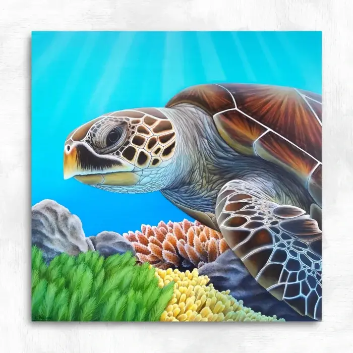 Tableau tortue de mer sagesse oceanique peinture acrylique 40x40 cm aline belliard 700x700